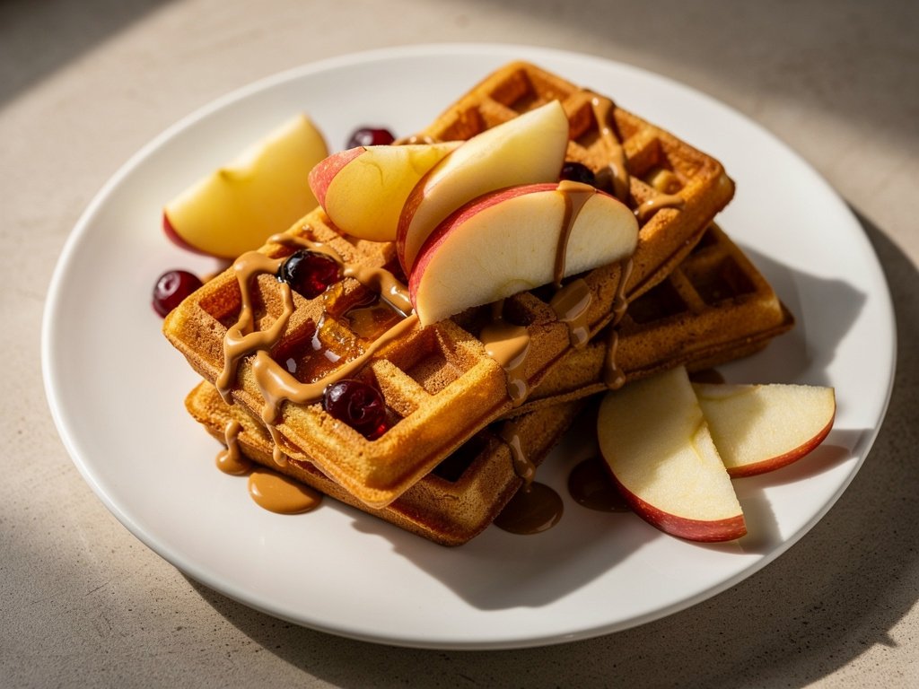 Peanut Butter Cherry Belgian Waffles with Jammy Honey Sauce