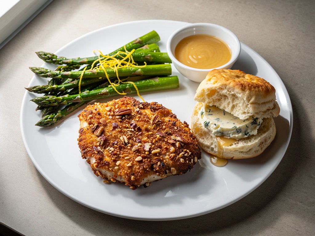 Pecan-Crusted Chicken with Lemony Asparagus and Garlic Thyme Butter Biscuits