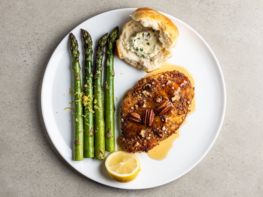 Pecan-Crusted Chicken with Lemony Asparagus and Garlic Thyme Butter Biscuits