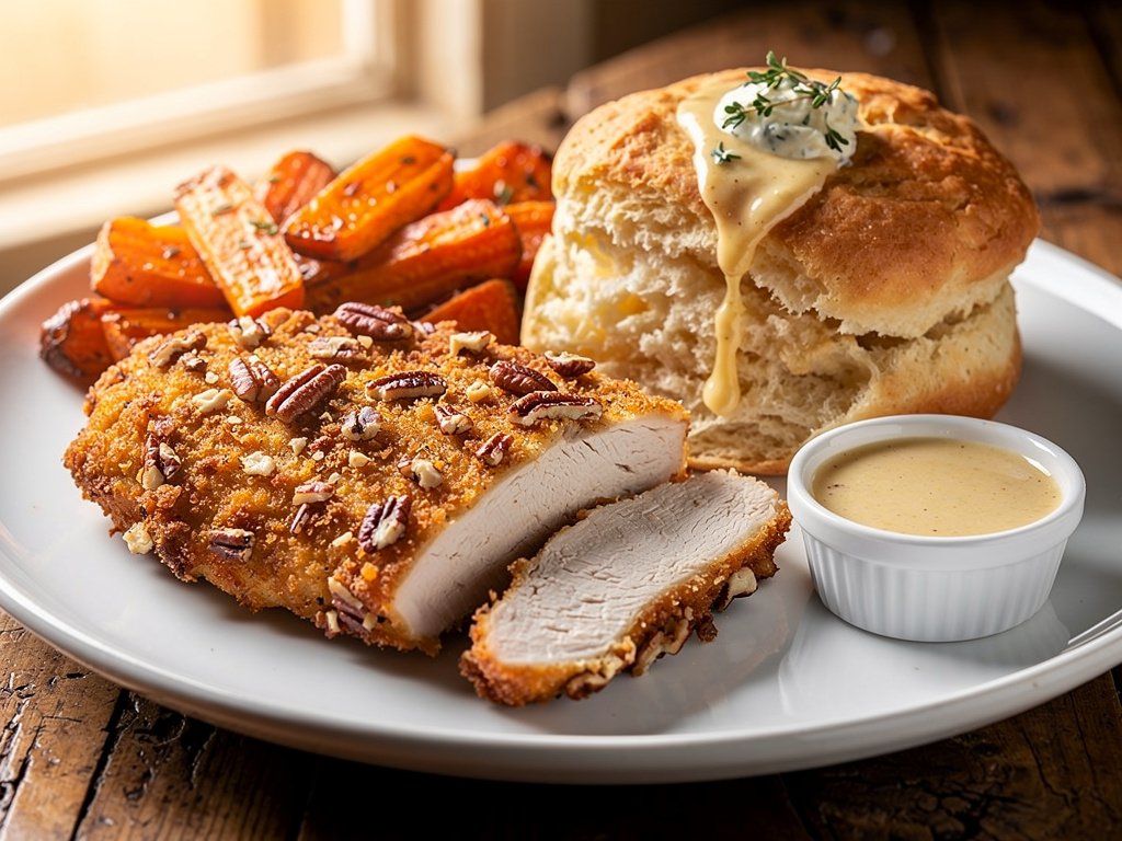 Pecan Crusted Chicken with Lemony Carrots and Garlic Thyme Butter Biscuits