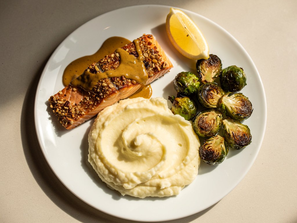 Pecan-Crusted Salmon with Creamy Mashed Potatoes and Roasted Brussels Sprouts