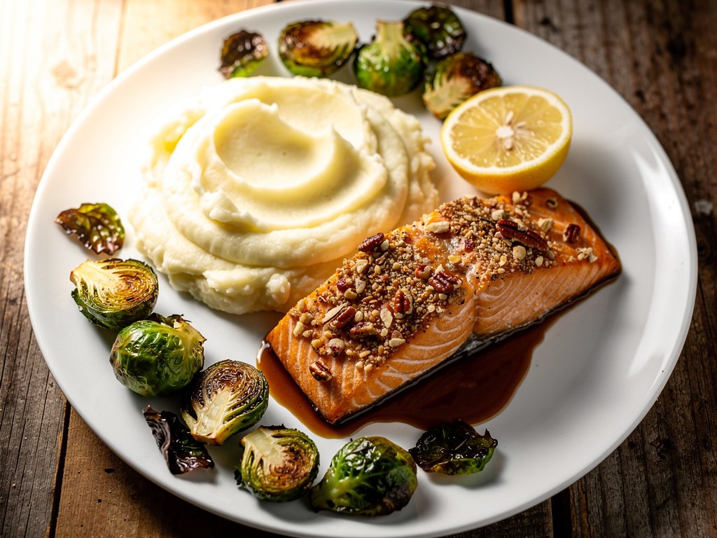 Pecan-Crusted Salmon with Smoky Mustard, Mashed Potatoes & Roasted Brussels Sprouts