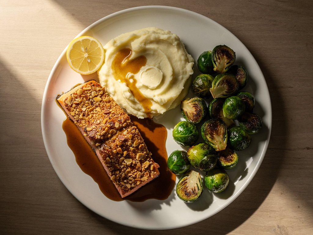 Pecan-Crusted Salmon with Smoky Mustard and Creamy Mashed Potatoes