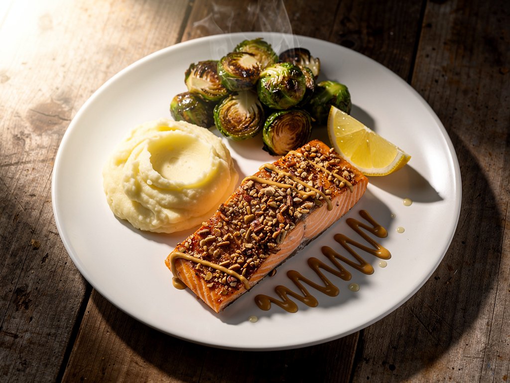 Pecan-Crusted Salmon with Smoky Mustard, Mashed Potatoes & Roasted Brussels Sprouts