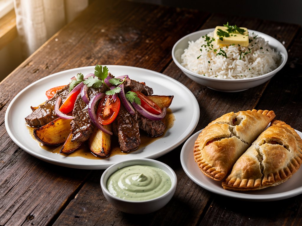 Peruvian Lomo Saltado with Crispy Potatoes and Chicken Empanadas