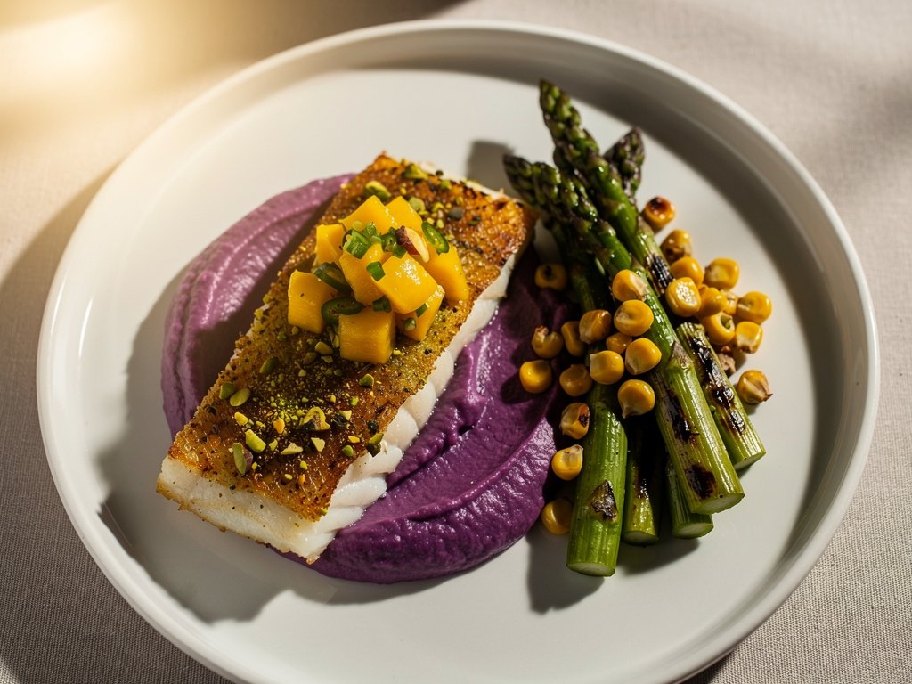Pistachio-Crusted Cod with Mango-Jalapeño Salsa and Purple Sweet Potato Mash