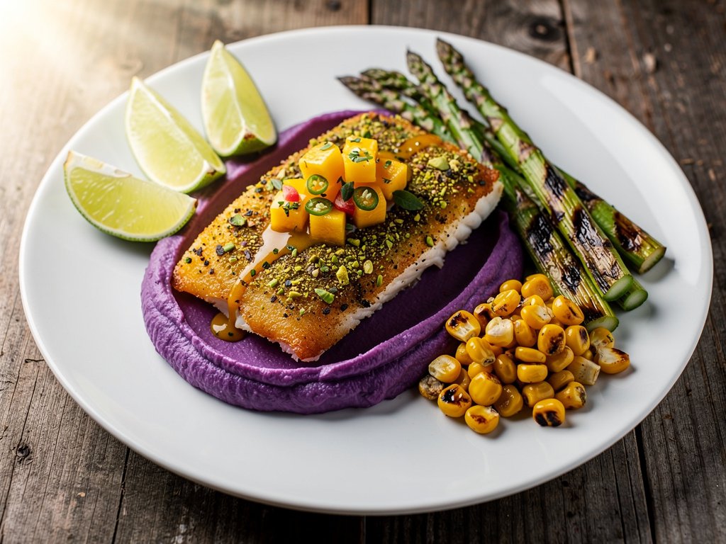 Pistachio-Crusted Cod with Mango-Jalapeño Salsa and Purple Sweet Potato Mash