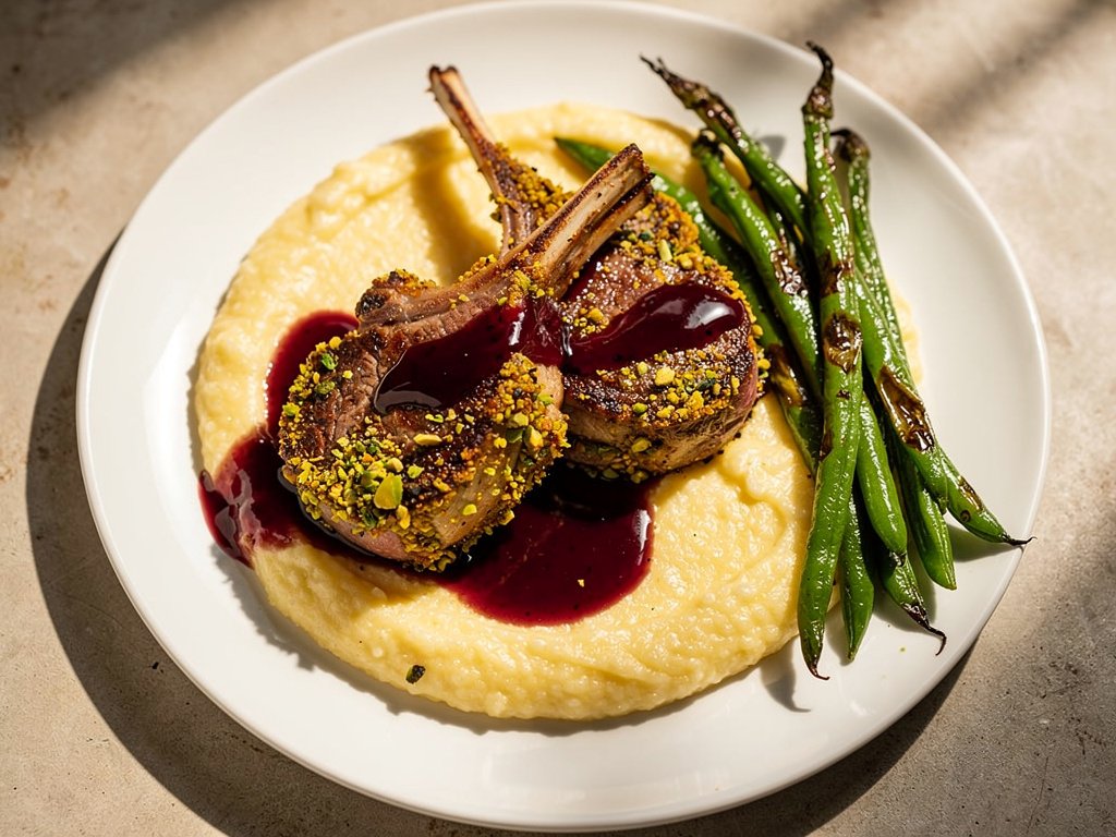 Pistachio Rosemary Crusted Lamb Chops with Creamy Polenta and Roasted Green Beans