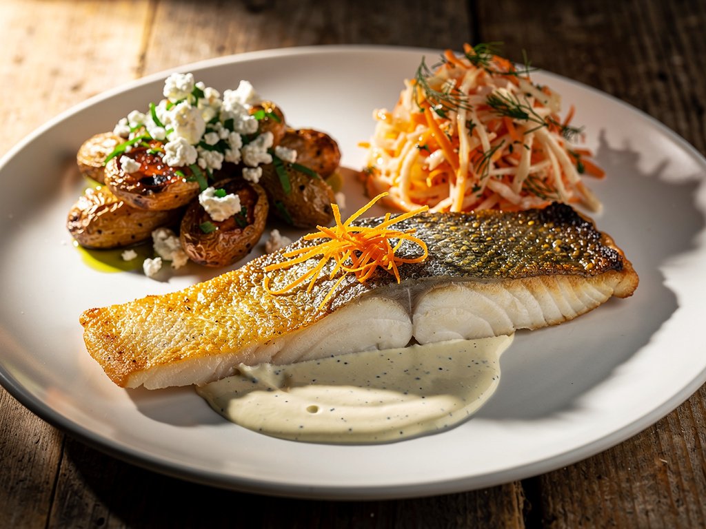 Pistachio-Za'atar Crusted Sea Bass with Feta Potatoes and Orange Slaw