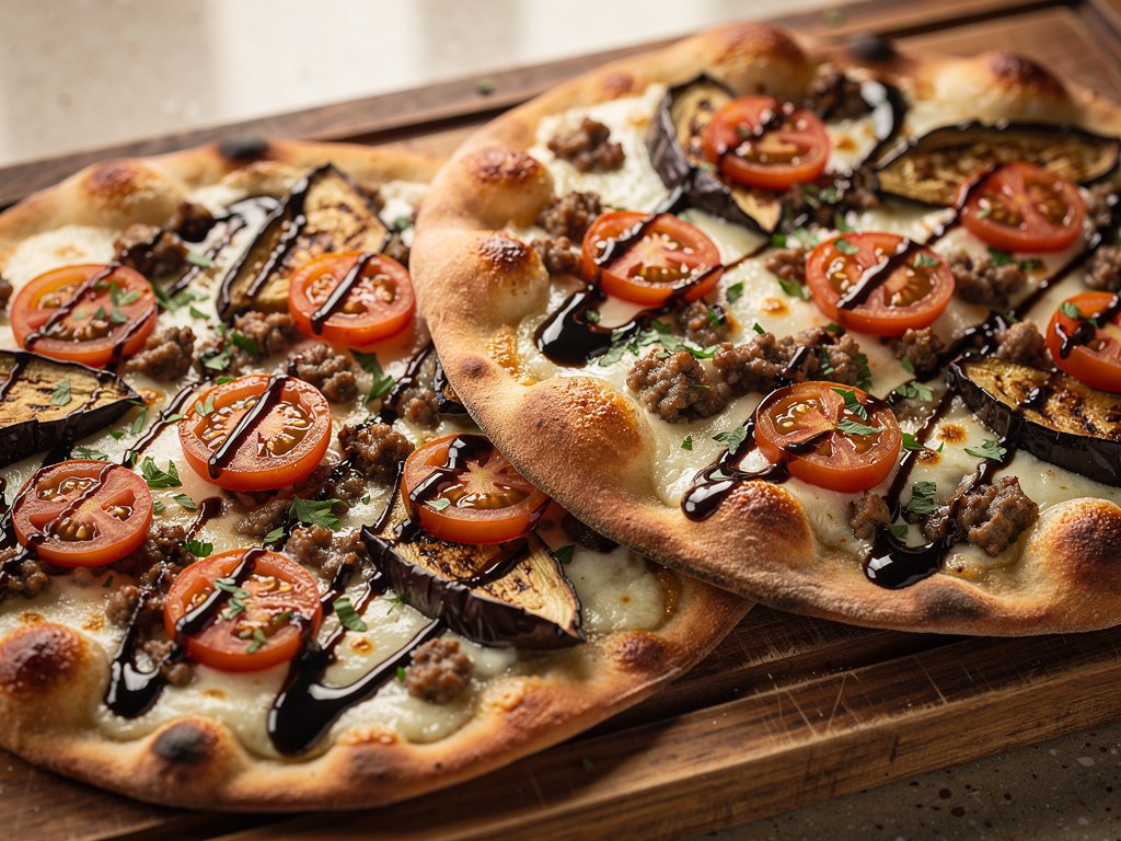 Pork Sausage and Cheesy Eggplant Flatbreads with Balsamic Glaze