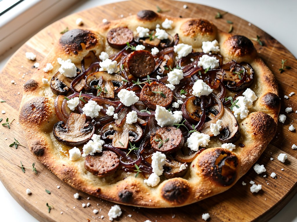 Pork Sausage and Mushroom Flatbread with Caramelized Onion and Feta