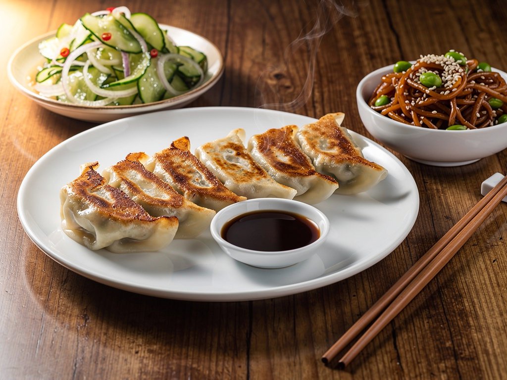 Pork and Shrimp Dumplings with Ramen Noodle Stir-Fry and Cucumber Salad