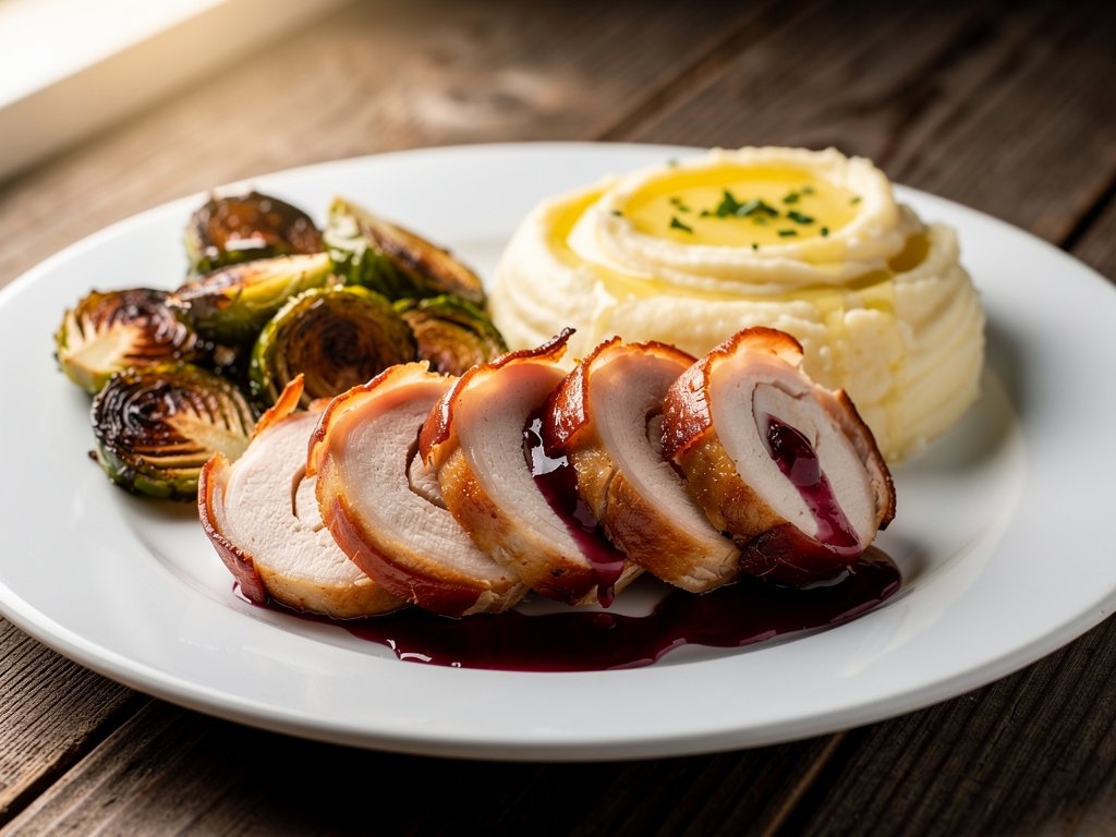 Prosciutto-Wrapped Chicken with Cranberry Pan Sauce, Garlic Mashed Potatoes, and Roasted Brussels Sprouts
