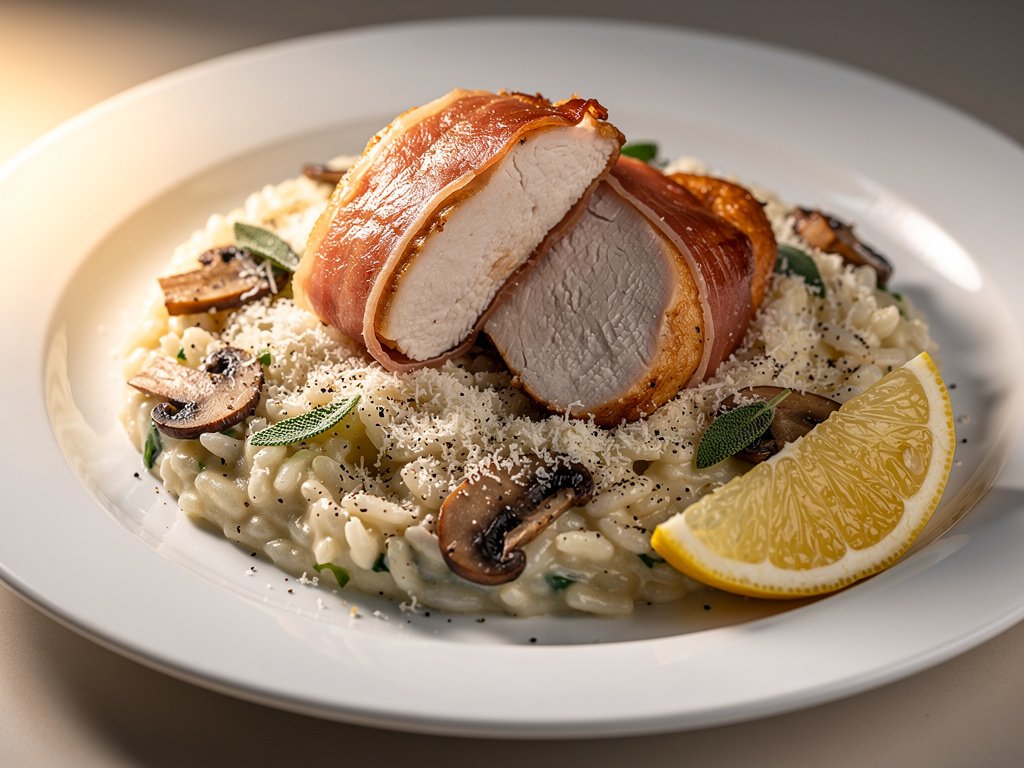 Prosciutto-Wrapped Chicken with Sage over Truffle Mushroom Risotto