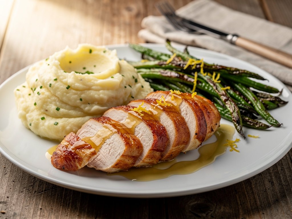 Prosciutto-Wrapped Chicken with Truffled Mashed Potatoes and Lemony Green Beans