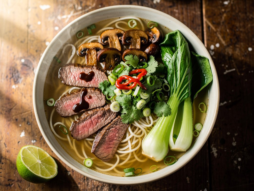 Quick Beef Pho Soup with Mushrooms and Bok Choy