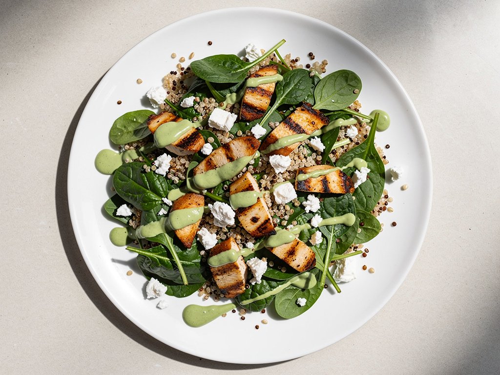Quick Chicken and Grains Spinach Salad with Green Goddess Dressing