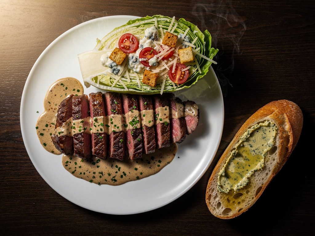 Quick Garlic Butter Steak with Wedge Salad and Creamy Pan Sauce