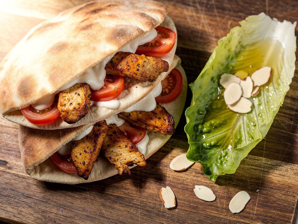 Quick Garlic Chicken Pitas with Lemon Wedge Salad