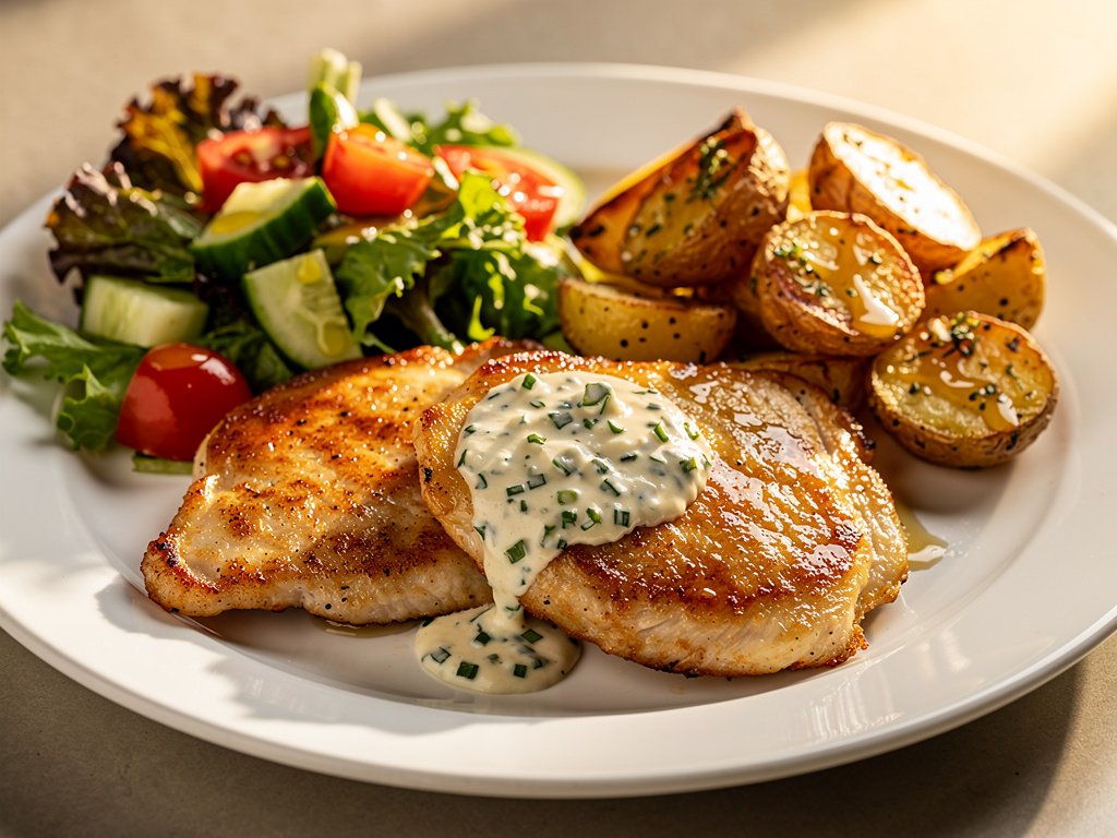 Quick Parmesan Chive Chicken with Garlic Herb Potatoes and Honey Dijon Salad