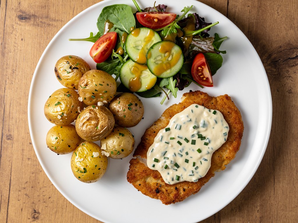 Quick Parmesan Chive Chicken with Honey Dijon Salad and Garlic Herb Potatoes