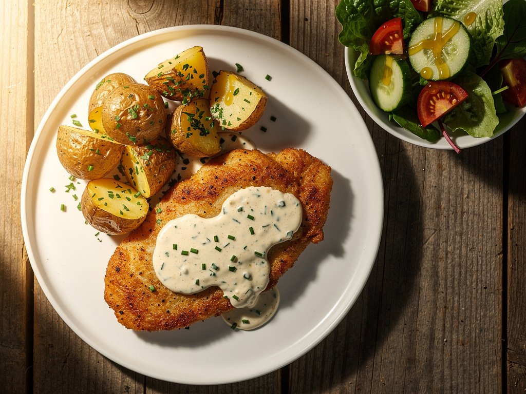 Quick Parmesan Chive Chicken with Creamy Sauce and Herb Potatoes