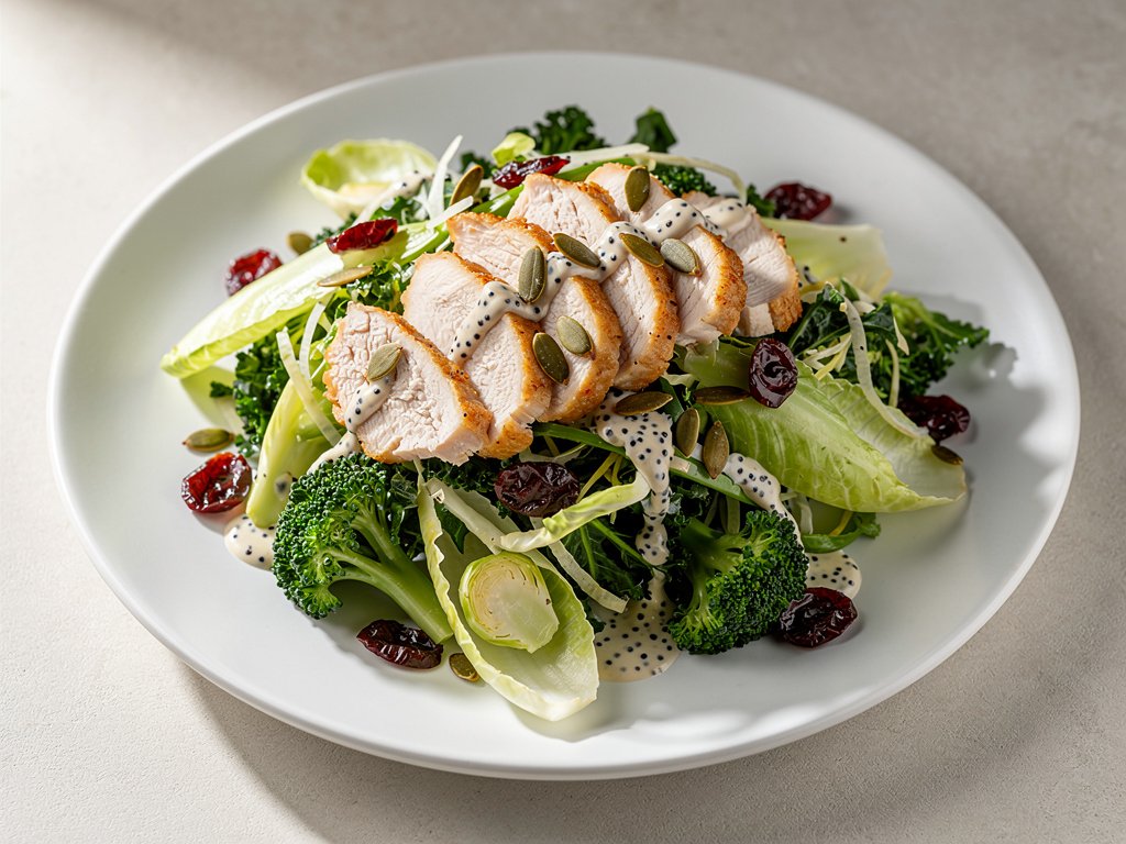 Quick Sweet Kale Salad with Pre-Cooked Chicken and Creamy Poppyseed Dressing