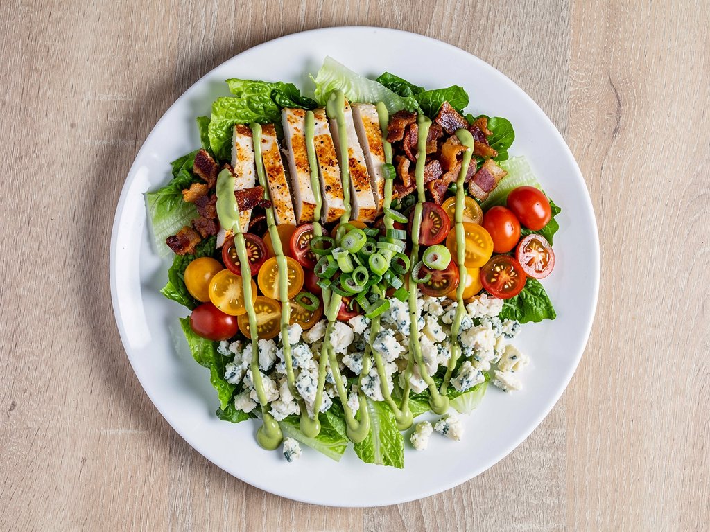 Ranch Chicken Cobb Salad with Bacon, Blue Cheese, and Creamy Guac Dressing
