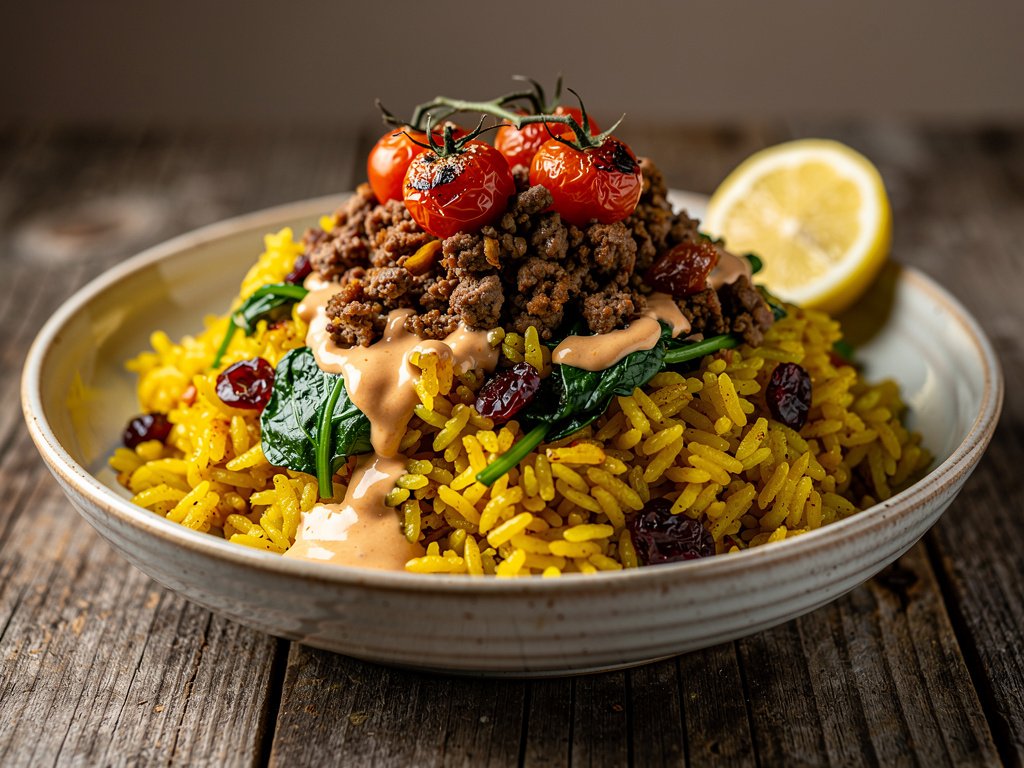 Ras el Hanout Beef and Turmeric Rice with Blistered Tomatoes and Lemon Harissa Sauce