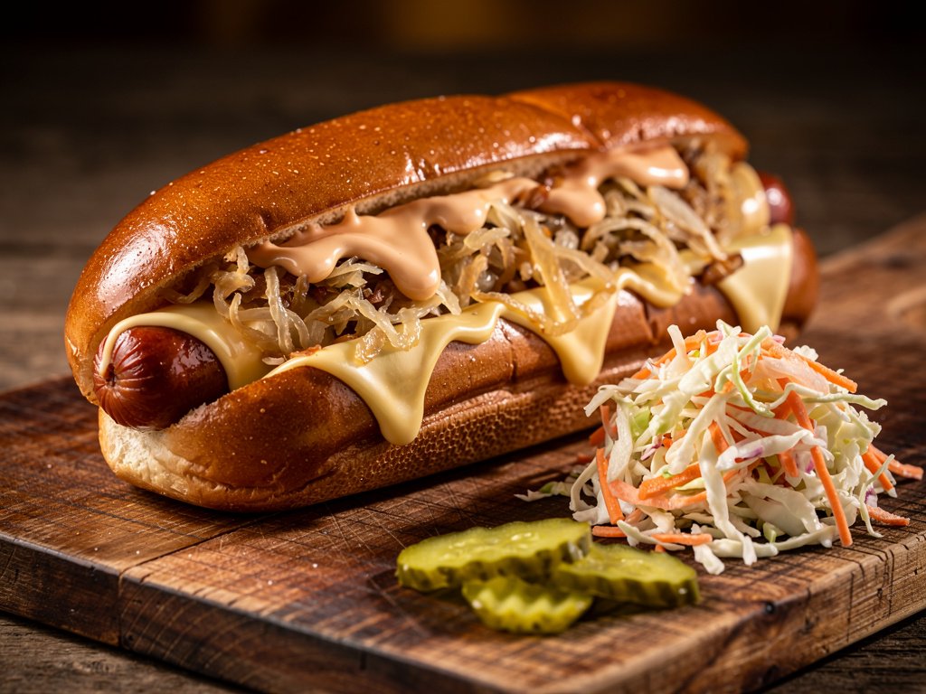 Reuben-Inspired Hot Dogs with Swiss Cheese, Sauerkraut, and Homemade Russian Dressing
