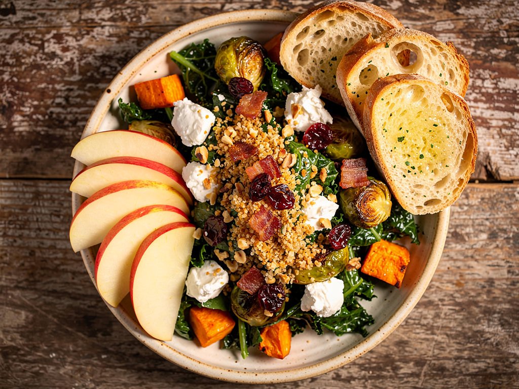 Roasted Autumn Kale Salad with Bacon, Sweet Potato, and Goat Cheese