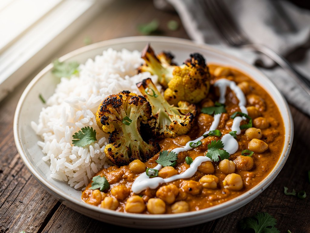 Roasted Cauliflower and Chickpea Curry Bowls with Jasmine Rice