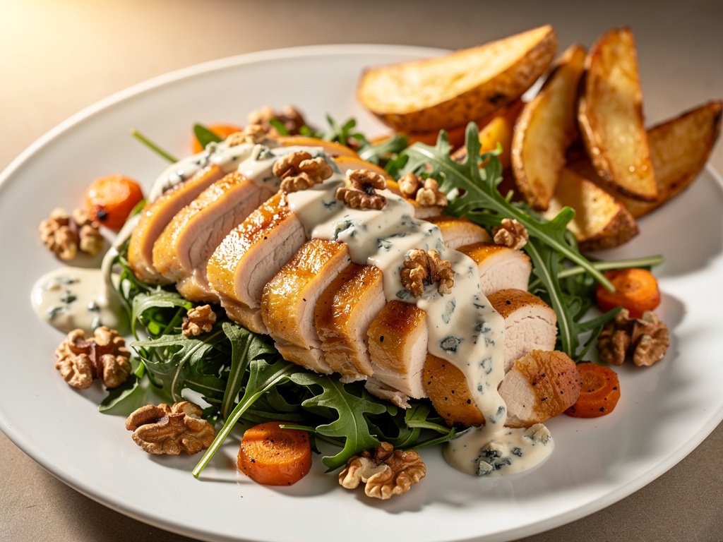 Roasted Chicken and Arugula Salad with Blue Cheese and Walnuts