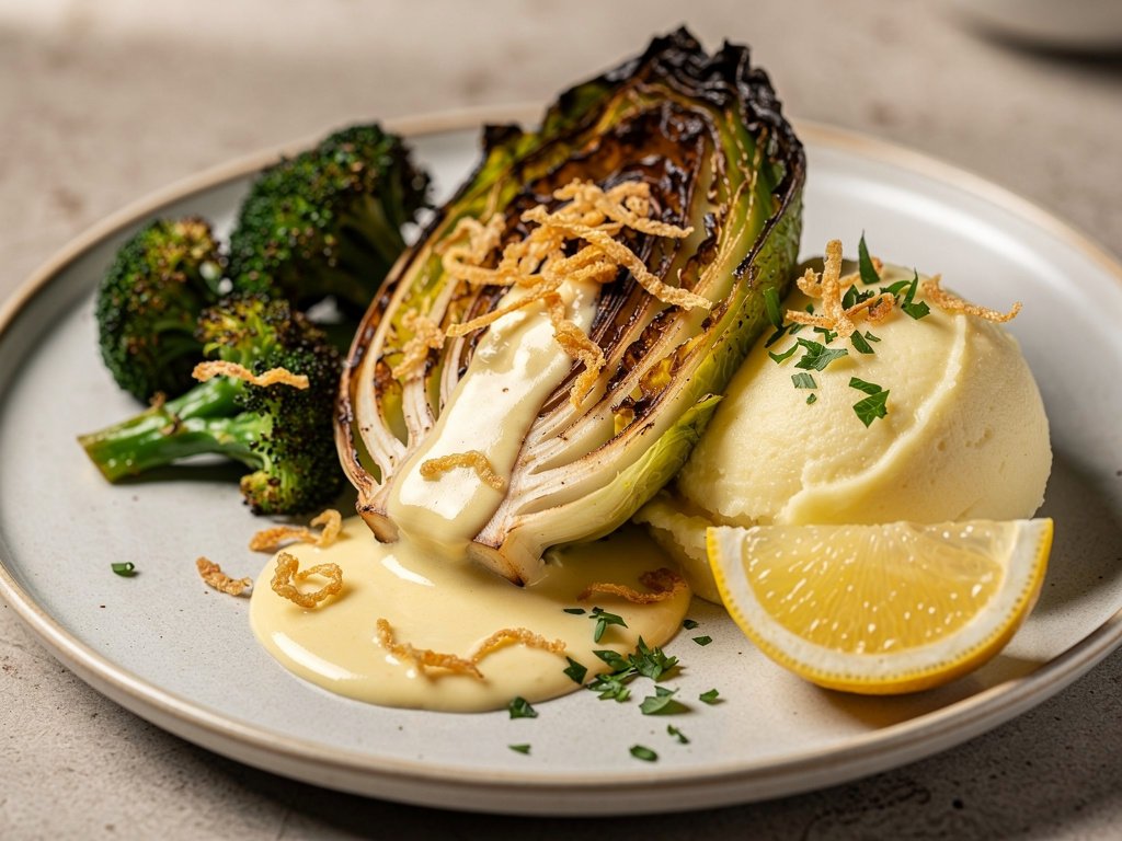 Roasted Conehead Cabbage with Cheesy Fonduta, Mashed Potatoes & Broccoli