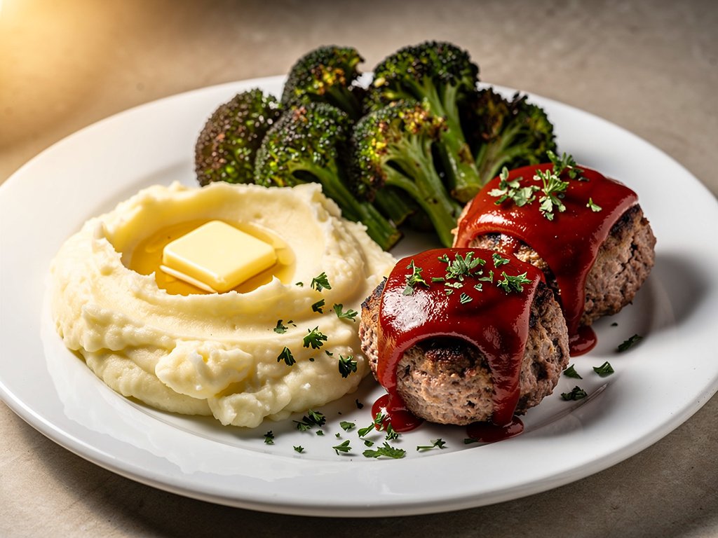 Roasted Garlic Onion Meatloaves with Mashed Potatoes and Broccoli