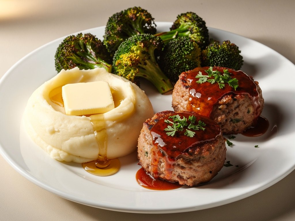 Roasted Garlic Onion Turkey Meatloaves with Mashed Potatoes and Broccoli