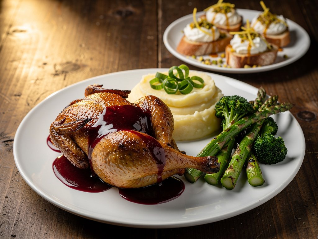 Roasted Half Chicken with Cherry Pan Sauce and Lemon Ricotta Crostini