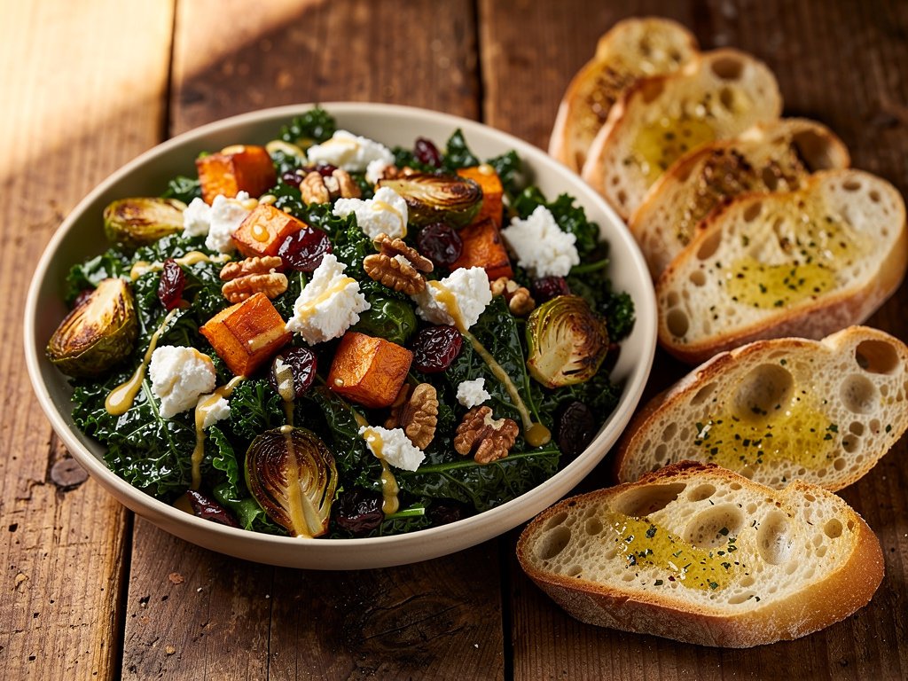 Roasted Harvest Kale Salad with Chicken, Sweet Potato, and Goat Cheese