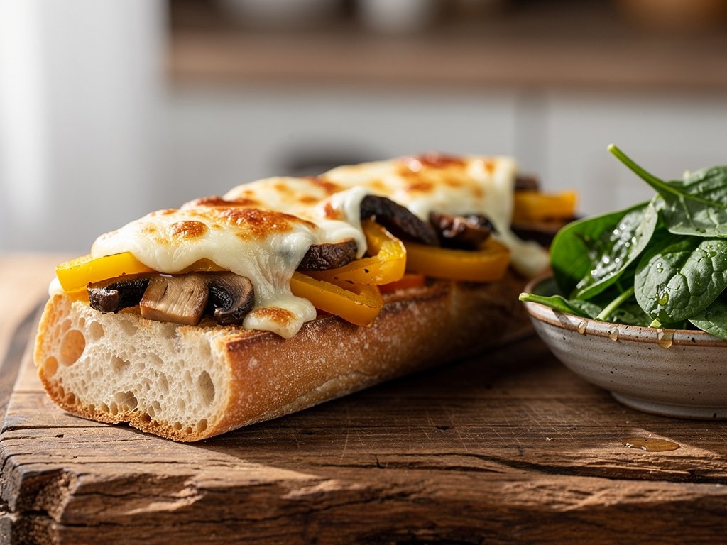 Roasted Portobello and Pepper Open-Faced Sandwiches with Spinach Salad