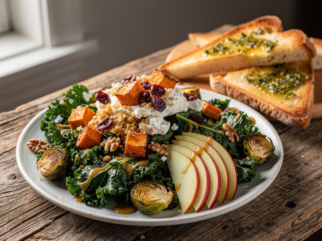 Roasted Sweet Potato and Brussels Sprout Kale Salad with Chicken and Garlic Ciabatta