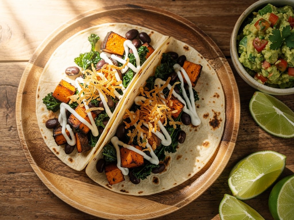Roasted Sweet Potato and Kale Tacos with Black Beans and Creamy Lime Drizzle