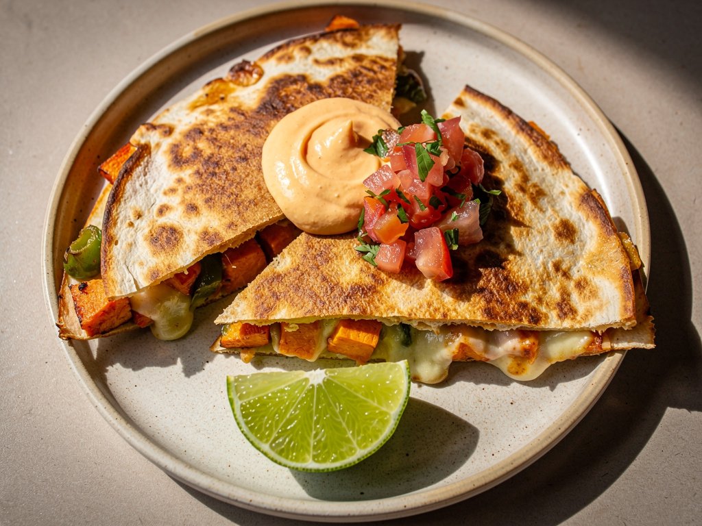 Roasted Sweet Potato and Pepper Quesadillas with Southwest Crema and Tomato Salsa