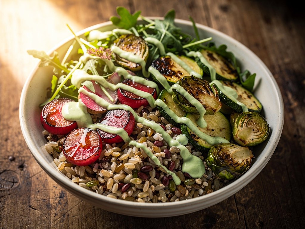 Roasted Veggie Grain Bowls with Creamy Green Goddess Dressing