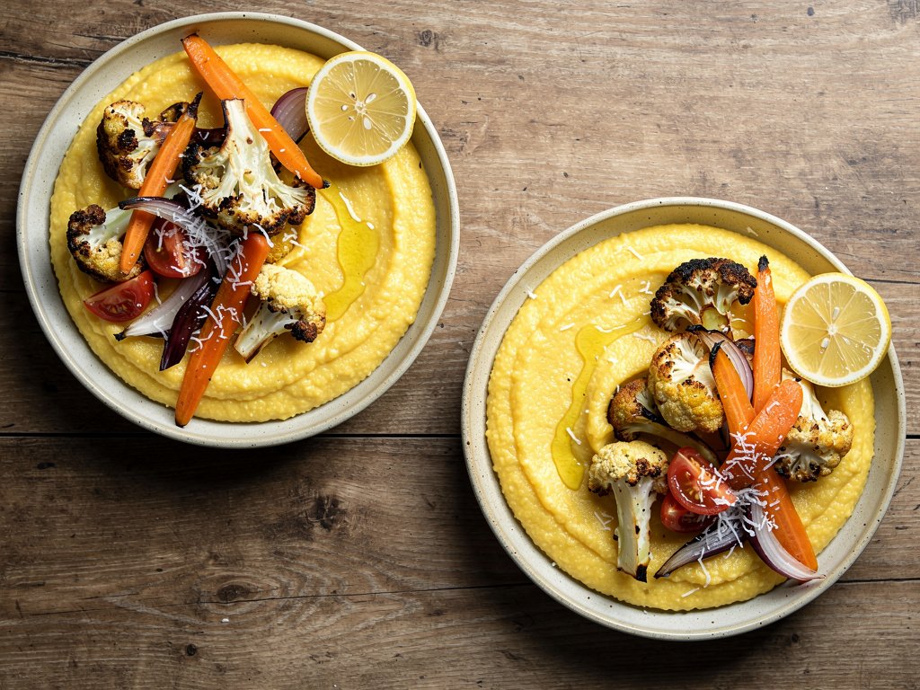 Roasted Veggie Polenta Bowls with Creamy Parmesan Sauce