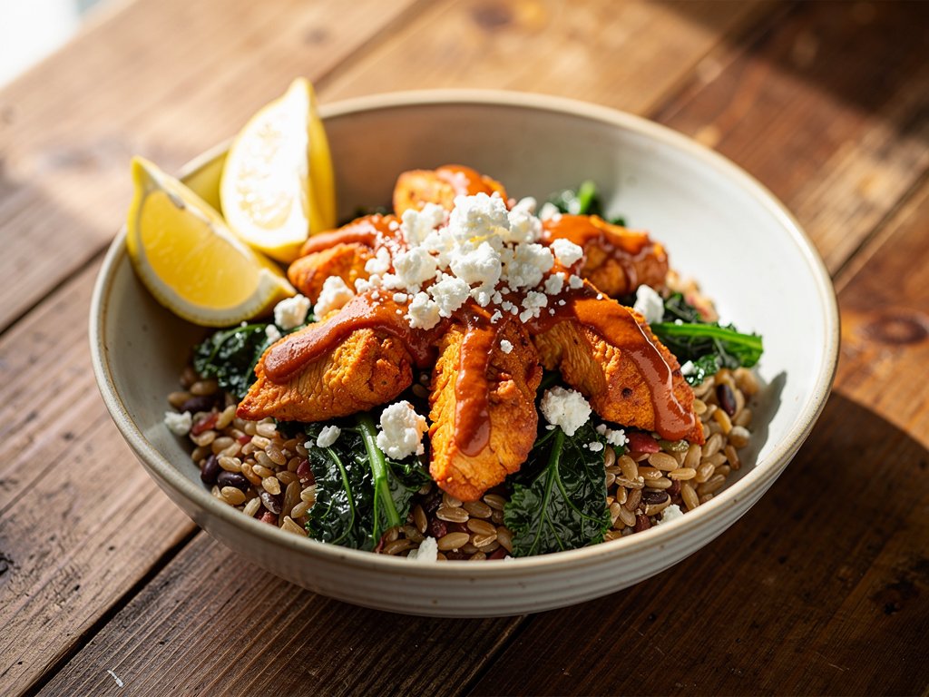 Romesco Chicken Bowls with Kale, Feta, and Lemon