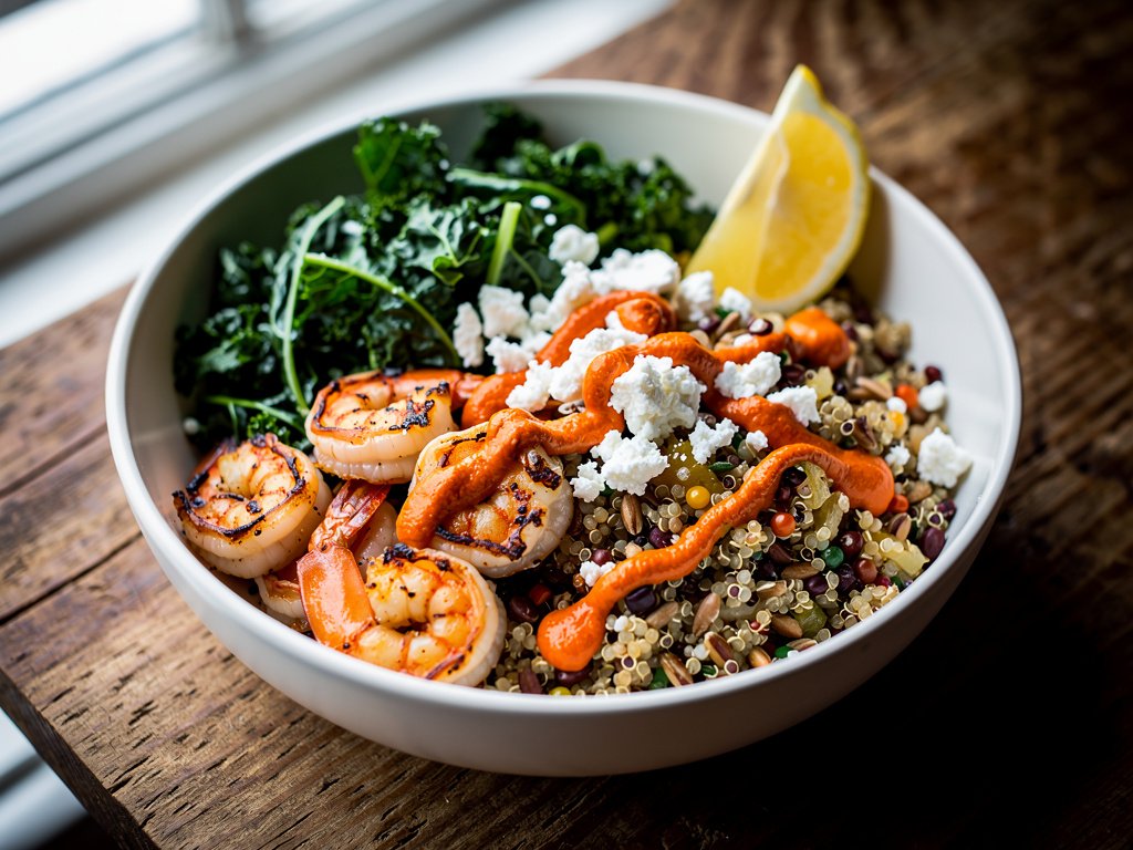 Romesco Shrimp and Kale Grain Bowls with Feta