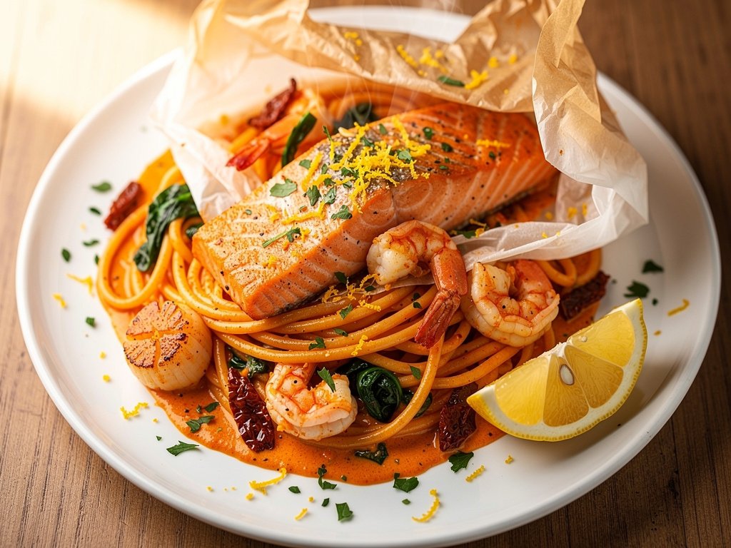 Salmon En Papillote with Seafood Linguine in Sun-Dried Tomato Cream Sauce