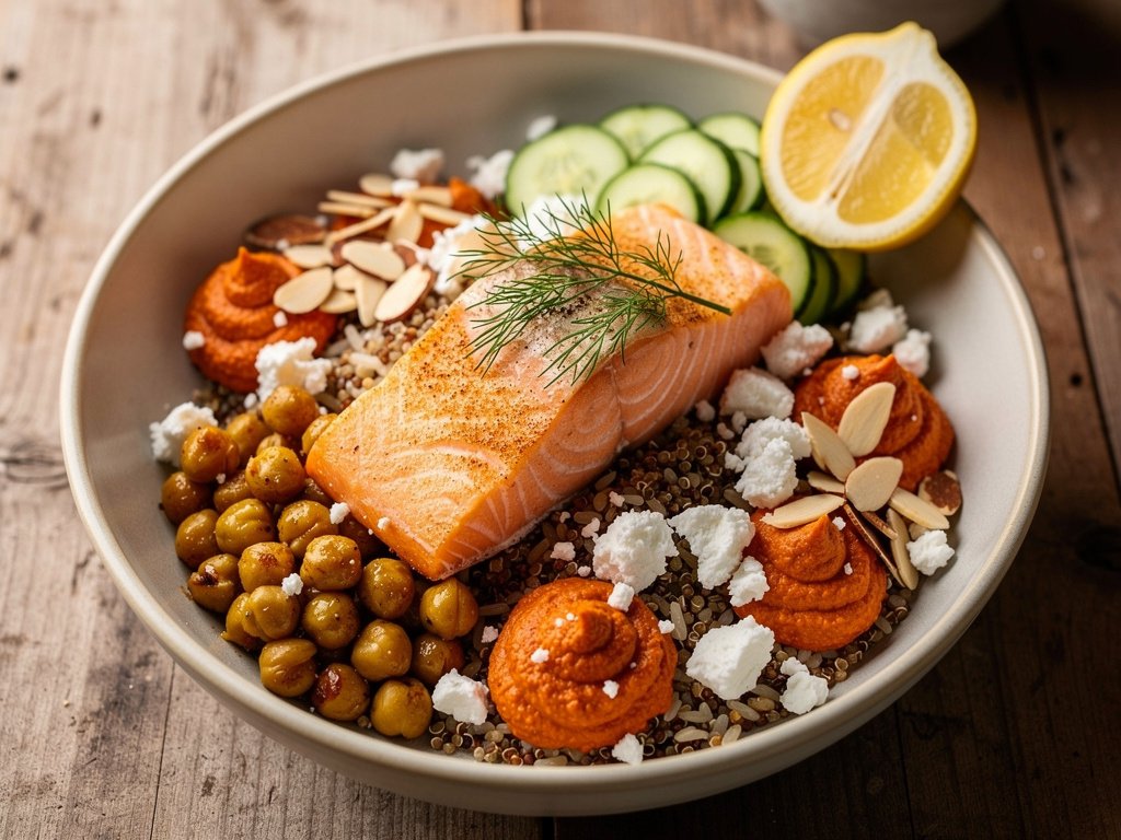 Salmon Grain Bowls with Chickpeas, Cucumber, and Creamy Red Pepper Hummus