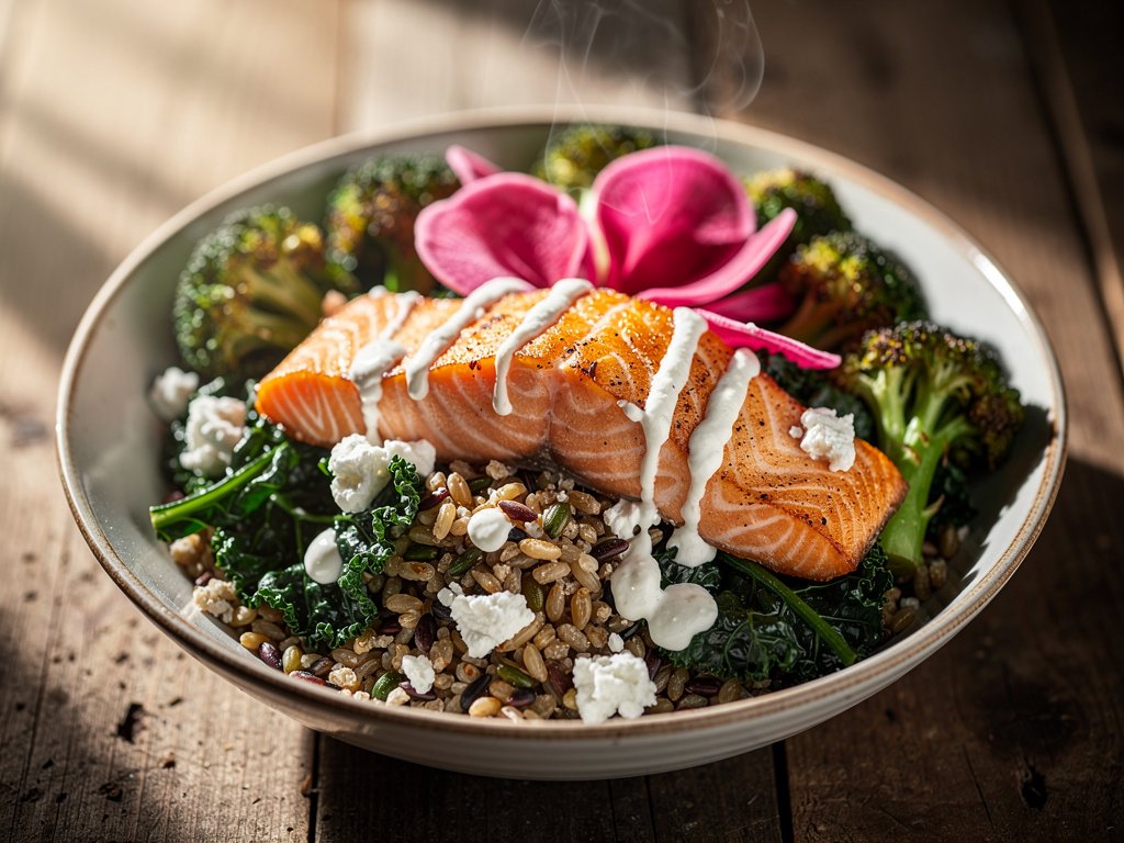 Salmon and Kale Grain Bowls with Creamy Feta Dressing