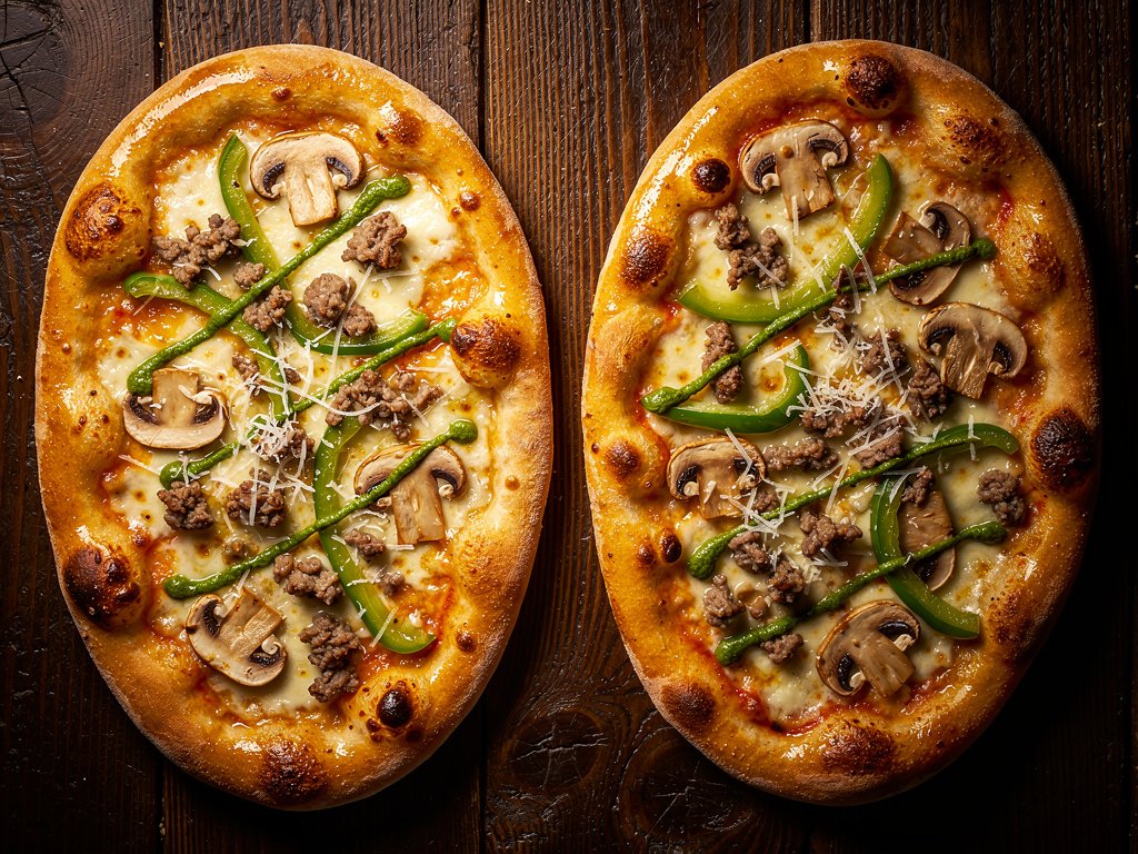 Sausage and Mushroom Pizza with Garlic Butter Crust and Basil Drizzle